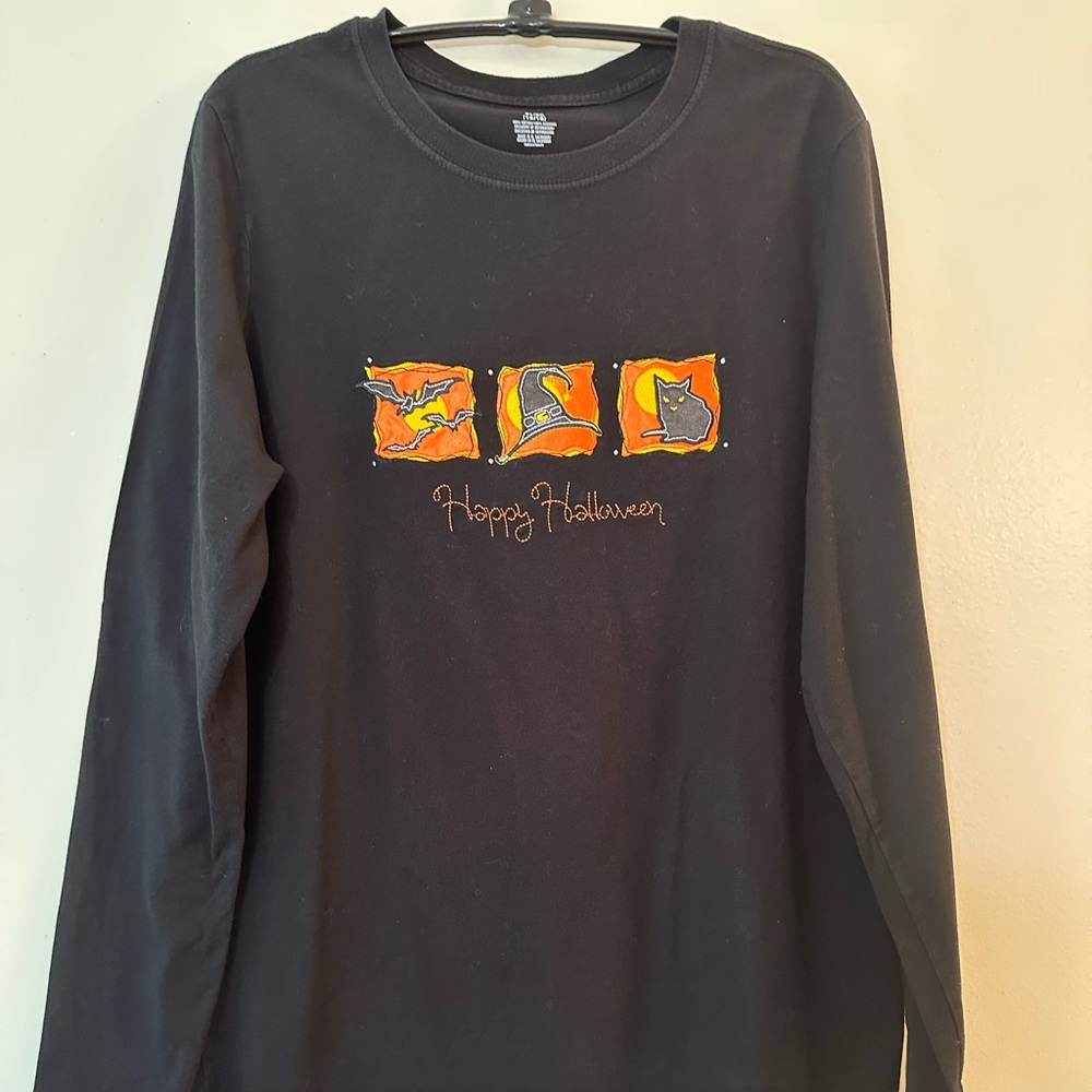 Happy Halloween Long Sleeve Black Cotton Shirt, Men‘s Size XL (16-18)